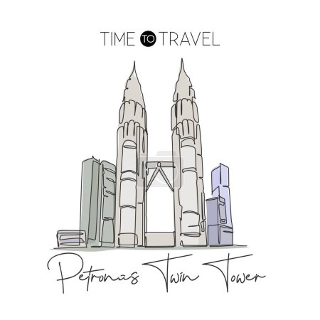 Illustration for Depok, Indonesia - August 6, 2019: One single line drawing Petronas Twin Tower landmark. World famous place in Kuala Lumpur, Malaysia. Tourism travel wall decor poster concept. Vector illustration - Royalty Free Image