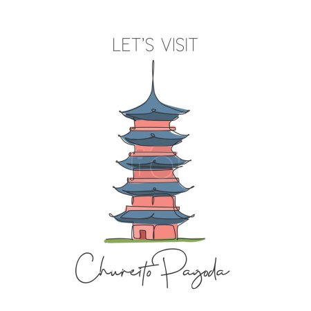 Illustration for Single continuous line drawing Chureito Pagoda landmark. Beautiful famous place in Fujiyoshida, Japan. World travel tour wall decor poster art concept. Modern one line draw design vector illustration - Royalty Free Image
