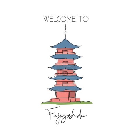 Ilustración de Una sola línea dibujando Fuji San Pagoda hito. Lugar mundialmente famoso en Fujiyoshida, Japón. Turismo viaje postal decoración de la pared del hogar concepto de arte. Moderna línea continua dibujo diseño vector ilustración - Imagen libre de derechos