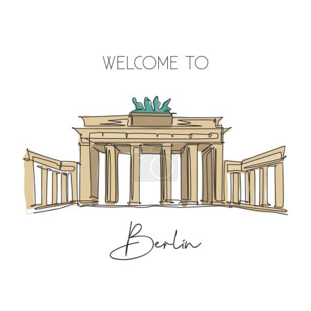 Illustration for One continuous line drawing Brandenburg Gate landmark. World iconic place in Berlin, Germany. Holiday vacation wall decor art poster print concept. Modern single line draw design vector illustration - Royalty Free Image