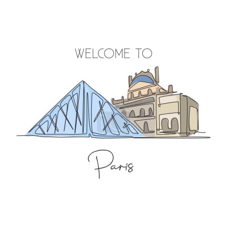 Depok, Indonesia - August 5, 2019: Single continuous line drawing of welcome to Musee du Louvre or Louvre Museum. Beautiful famous place in Paris, France. World travel concept. Vector illustration