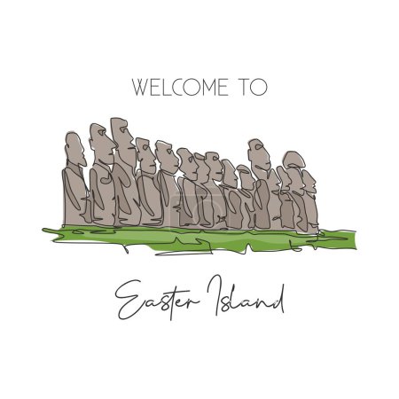 Illustration for One single line drawing Moai Statue landmark. World famous place in Easter Island. Tourism travel home wall decor poster print postcard concept. Modern continuous line draw design vector illustration - Royalty Free Image