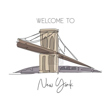 Illustration for One continuous line drawing Brooklyn Bridge landmark. World beauty iconic place in New York, USA. Home wall decor art poster print concept. Modern single line draw design vector graphic illustration - Royalty Free Image