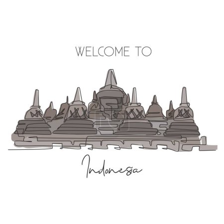 Illustration for Single continuous line drawing Candi Borobudur Temple landmark. Beautiful famous place in Indonesia. World travel home wall decor poster print concept. Modern one line draw design vector illustration - Royalty Free Image