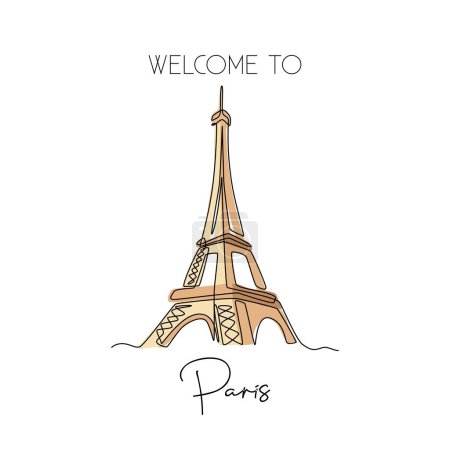 Illustration for Single one line drawing of Eiffel Tower landmark wall decor poster. Iconic place in Paris, France. Tourism and travel greeting postcard concept. Modern continuous line draw design vector illustration - Royalty Free Image