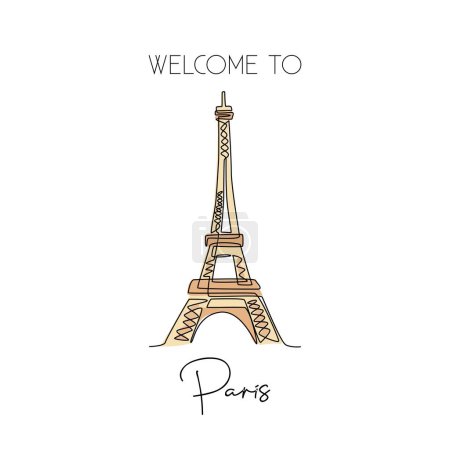 Ilustración de Dibujo de línea continua única de la Torre Eiffel. Lugar emblemático en París, Francia. World travel wall decor home art poster print concept. Moderna ilustración gráfica vectorial de diseño de dibujo de una línea - Imagen libre de derechos