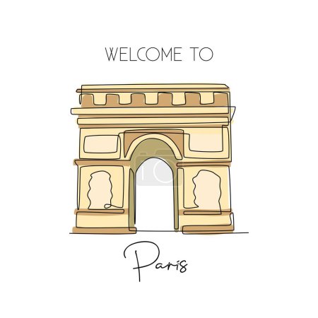 One continuous line drawing of Arc de Triomphe. Historical iconic place in Paris, France. Holiday vacation wall home decor poster print art concept. Modern single line draw design vector illustration
