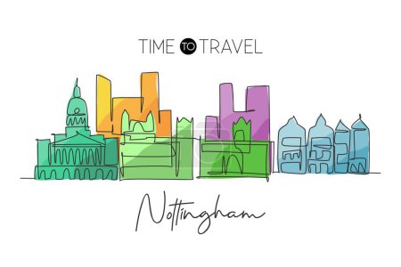 Illustration for One continuous line drawing of Nottingham city skyline. Beautiful city skyscraper. World landscape tourism travel vacation home wall decor poster concept. Single line draw design vector illustration - Royalty Free Image