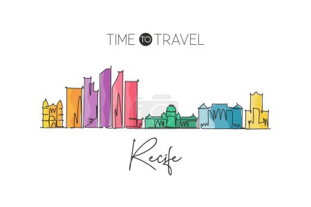 Illustration for One continuous line drawing of Recife city skyline, Brazil. Beautiful landmark home decor poster print art. World landscape tourism travel vacation. Stylish single line draw design vector illustration - Royalty Free Image
