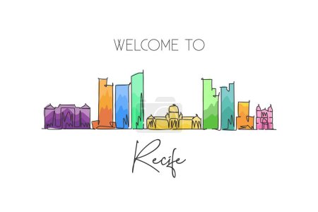 Illustration for One single line drawing of Recife city skyline, Brazil. World historical town landscape postcard. Best place holiday destination. Editable stroke trendy continuous line draw design vector illustration - Royalty Free Image