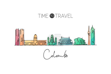 Illustration for Single continuous line drawing Colombo skyline, Sri Lanka. Famous city scraper landscape home wall decor poster print. World travel destination concept. Modern one line draw design vector illustration - Royalty Free Image