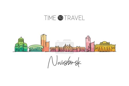 Illustration for One continuous line drawing Novosibirsk city skyline, Russia. Beautiful landmark home decor poster print. World landscape tourism travel vacation. Stylish single line draw design vector illustration - Royalty Free Image