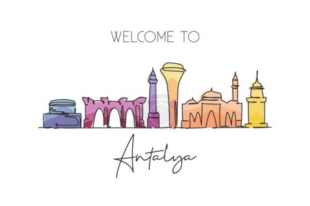 Illustration for One single line drawing Antalya city skyline, Turkey. World historical town landscape. Best place holiday destination postcard. Editable stroke trendy continuous line draw design vector illustration - Royalty Free Image