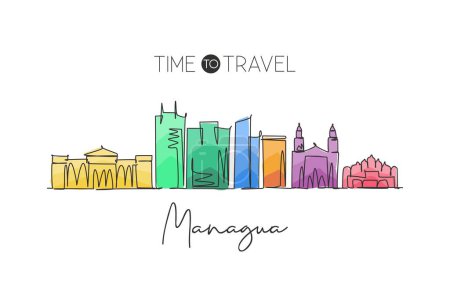 Illustration for One single line drawing Managua city skyline, Nicaragua. World town landscape home wall decor poster print art. Best place holiday destination. Trendy continuous line draw design vector illustration - Royalty Free Image