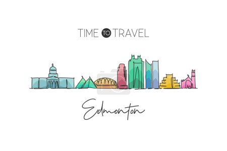 Ilustración de Un dibujo en línea continua del horizonte de la ciudad de Edmonton, Canadá. Hermosa impresión de póster de decoración de pared hito. Paisaje mundial turismo vacaciones de viaje. Elegante ilustración vectorial de diseño de una sola línea - Imagen libre de derechos