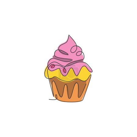 Illustration for One single line drawing of fresh sweet muffin cake online shop logo vector illustration. Delicious pastry shop menu and restaurant badge concept. Modern continuous line draw design cookies logotype - Royalty Free Image