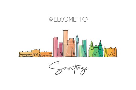 Illustration for One single line drawing Santiago city skyline, Chile. World historical town landscape wall decor poster print. Best holiday place destination. Trendy continuous line draw design vector illustration - Royalty Free Image