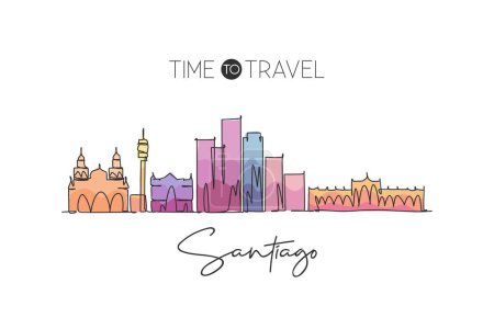Illustration for One continuous line drawing Santiago city skyline, Chile. Beautiful landmark. World landscape tourism and travel vacation postcard. Editable stylish stroke single line draw design vector illustration - Royalty Free Image
