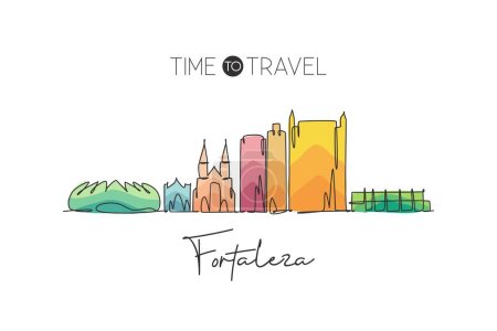 Eine einzige Linie zeichnet die Skyline von Fortaleza, Brasilien. Weltgeschichtliche Stadtlandschaftspostkarte. Bestes Urlaubsziel. Editierbare Strich trendy kontinuierliche Linie zeichnen Design Vektor Illustration