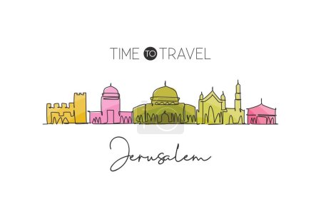 Illustration for Single continuous line drawing of Jerusalem skyline, Palestine. Famous city scraper landscape. World travel concept home decor wall art poster print. Modern one line draw design vector illustration - Royalty Free Image
