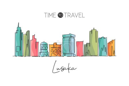 Illustration for One continuous line drawing of Lusaka skyline, Zambia. Beautiful city landmark. World landscape tourism and travel postcard print. Editable stylish stroke single line draw design vector illustration - Royalty Free Image