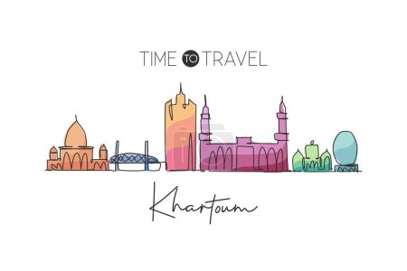 Illustration for One single line drawing of Khartoum city skyline, Sudan. Historical place landscape in world postcard. Best holiday destination. Editable stroke trendy continuous line draw design vector illustration - Royalty Free Image