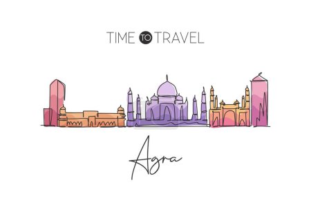 Illustration for One single line drawing of Agra city skyline, India. Historical town landscape poster print. Best holiday destination. Editable stroke trendy continuous line draw design vector graphic illustration - Royalty Free Image
