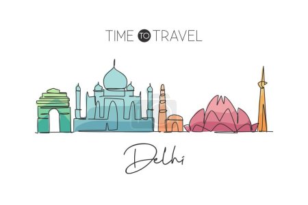 Illustration for Single continuous line drawing of Delhi skyline, India. Famous city scraper landscape home wall decor art poster print. World travel concept. Modern one line draw graphic design vector illustration - Royalty Free Image