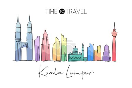Illustration for Single continuous line drawing of Kuala Lumpur city skyline, Malaysia. Famous city landscape. World travel concept home wall decor art poster print. Modern one line draw design vector illustration - Royalty Free Image