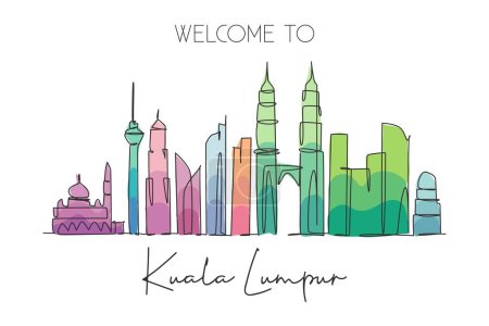Illustration for One single line drawing of Kuala Lumpur city skyline, Malaysia. Historical town landscape in the world. Best holiday destination. Editable stroke trendy continuous line draw design vector illustration - Royalty Free Image