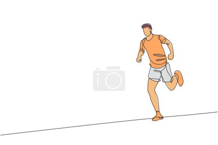 Ilustración de Una sola línea continua de dibujo joven corredor hombre ágil hobby para correr relajarse en el tiempo libre. Concepto de estilo de vida saludable. Gráfico de ilustración de vectores de diseño de dibujo de una línea de moda para la promoción de carreras - Imagen libre de derechos