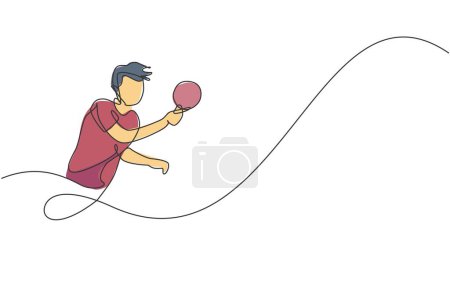 Illustration for Single continuous line drawing of young agile man table tennis player focus practicing. Sport exercise concept. Trendy one line draw design vector illustration for ping pong tournament promotion media - Royalty Free Image