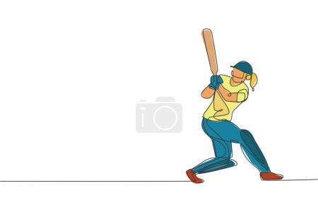 Illustration for One continuous line drawing of young woman cricket player focus practice to swing cricket bat vector illustration. Competitive sport concept. Dynamic single line draw design for advertisement poster - Royalty Free Image