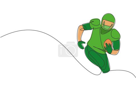 Illustration for One continuous line drawing of young happy man american football player running and holding the ball for competition poster. Sport teamwork concept. Dynamic single line draw design vector illustration - Royalty Free Image