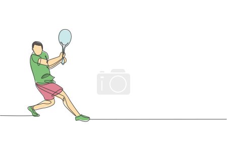 Eine durchgehende Linie zieht junge glückliche Tennisspieler in die Verteidigung und trifft den Ball. Leistungssportkonzept. Dynamische einzelne Linie zeichnen Design Vektor Illustration Grafik für Turnier Promotion Poster