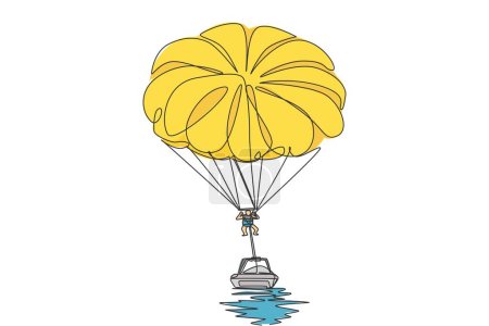 Illustration for One continuous line drawing of young bravery man flying in sky using parasailing parachute behind a boat. Outdoor dangerous extreme sport concept. Dynamic single line draw design vector illustration - Royalty Free Image