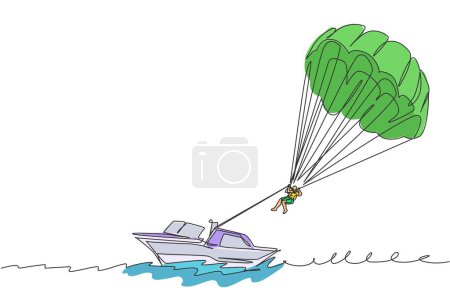 Dibujo de una sola línea de un joven deportista volando con paracaídas en el cielo tirado por una ilustración gráfica vectorial de barcos. Concepto de deporte extremo. Diseño de dibujo de línea continua moderna