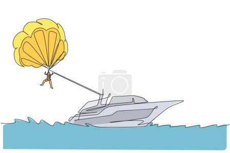 Illustration for Single continuous line drawing of young tourist flying with parasailing parachute on the sky pulled by a boat. Extreme vacation holiday sport concept. Trendy one line draw design vector illustration - Royalty Free Image
