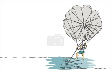 Illustration for One continuous line drawing of young bravery man flying in the sky using parasailing parachute pulled by a boat. Outdoor dangerous extreme sport concept. Single line draw design vector illustration - Royalty Free Image