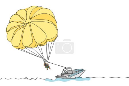 Illustration for One continuous line drawing of young bravery flying in the sky using parasailing parachute behind the boat. Outdoor dangerous extreme sport concept. Dynamic single line draw design vector illustration - Royalty Free Image