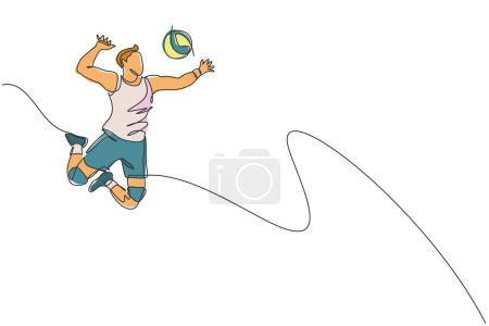 Eine einzige Linienzeichnung eines jungen männlichen Profi-Volleyballers, der eine Sprungspitze auf der Vektor-Illustration des Spielfeldes übt. Mannschaftssportkonzept. Turnier-Veranstaltung. Modernes durchgehendes Linienzugdesign
