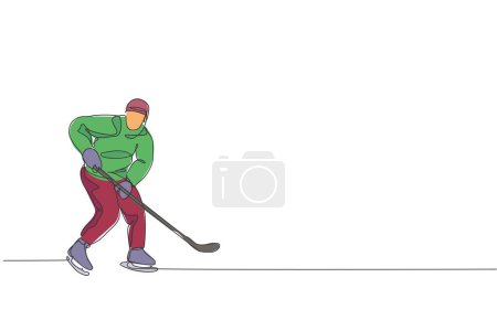 Illustration for Single continuous line drawing of young professional ice hockey player hit the puck and attack on ice rink arena. Extreme winter sport concept. Trendy one line draw design graphic vector illustration - Royalty Free Image