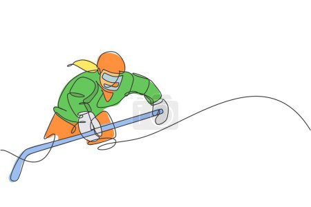 Ilustración de Una sola línea continua de dibujo de un joven jugador profesional de hockey sobre hielo golpeó el disco y el ataque en la pista de hielo arena. Concepto de deporte de invierno extremo. Trendy una línea dibujar diseño gráfico vector ilustración - Imagen libre de derechos