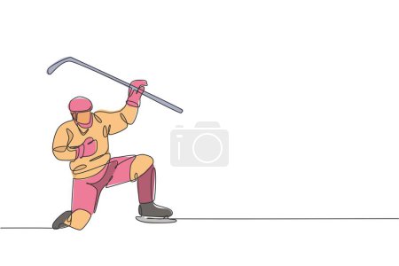 Ilustración de El dibujo de una sola línea continua de un joven jugador profesional de hockey sobre hielo celebra un gol en la pista de patinaje sobre hielo. Concepto de deporte de invierno extremo. Trendy una línea dibujar diseño gráfico vector ilustración - Imagen libre de derechos