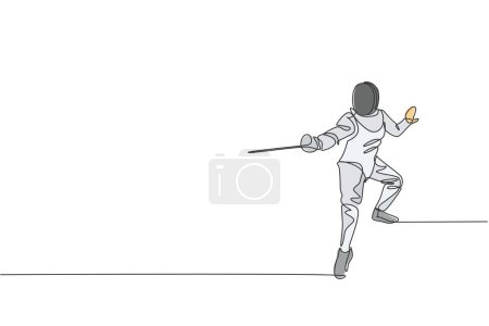 Ilustración de Una sola línea de dibujo de un joven atleta esgrima en traje de esgrima ejerciendo el movimiento en el deporte arena vector ilustración. Concepto deportivo combativo y combativo. Diseño de dibujo de línea continua moderna - Imagen libre de derechos