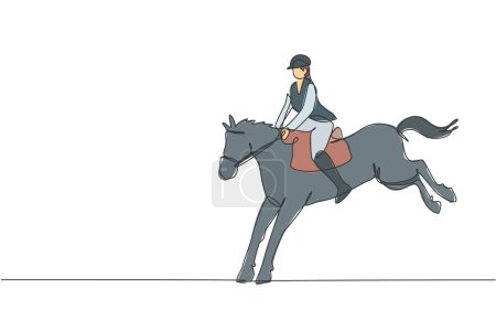 One single line drawing of young horse rider man performing dressage jumping test vector illustration graphic. Equestrian sport show competition concept. Modern continuous line draw design