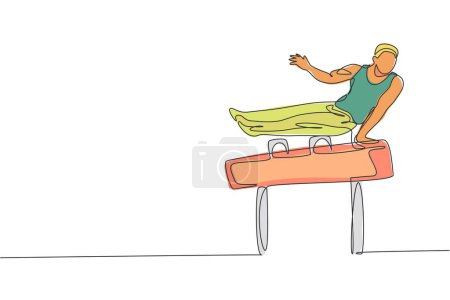 Illustration for Single continuous line drawing young handsome professional gymnast man perform acrobatic motion. Pommel horse training and stretching concept. Trendy one line draw design vector illustration graphic - Royalty Free Image