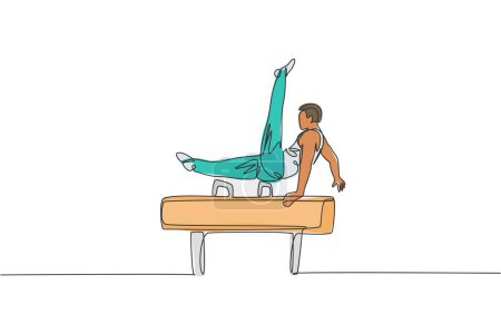 Illustration for One single line drawing of young handsome gymnast man exercising pommel horse vector graphic illustration. Healthy lifestyle and athletic sport concept. Modern continuous line draw design - Royalty Free Image