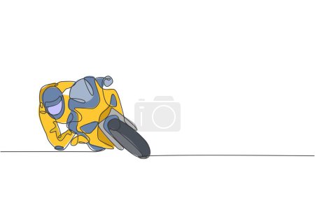 Illustration for One single line drawing of young biker practice leaning into fast corner at race track vector illustration. Superbike racing concept. Modern continuous line draw design for motor racer event banner - Royalty Free Image