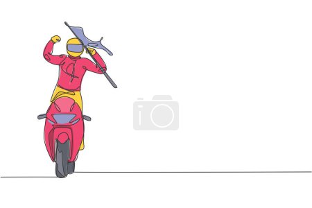 Téléchargez les illustrations : Dessin unique ligne continue de jeune motard superbike lever drapeau pour célébrer une victoire. Concept de tournoi Moto. Illustration vectorielle de dessin d'une ligne à la mode pour les médias de promotion de course de moto - en licence libre de droit